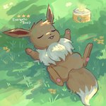 ambiguous_gender breasts brown_body brown_fur eyes_closed featureless_breasts feral flower fur grass lying on_back on_grass open_mouth pawpads paws plant sleeping solo spread_legs spreading tail text dietranch nintendo pokemon pokemon_sleep eevee generation_1_pokemon pokemon_(species) 2023 clip_studio_paint_(artwork) digital_media_(artwork) english_text hi_res