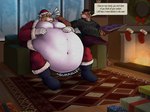 anthro belly big_belly chimney clothing cookie costume dialogue digestion duo feeding food holidays huge_belly hyper hyper_belly living_room male moobs obese overweight rumbling_stomach santa_costume speech_bubble text cobaltgrande christmas asyr night_(dream_and_nightmare) santa_claus felid mammal pantherine tiger english_text hi_res father_(lore) father_and_child_(lore) father_and_son_(lore) parent_(lore) parent_and_child_(lore) parent_and_son_(lore) son_(lore)