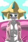 bed big_breasts blush breasts clothed clothing female furniture generation_3_pokemon hi_res humanoid jirachi legendary_pokemon looking_at_viewer nintendo open_clothing open_mouth open_shirt open_topwear partially_clothed pokemon pokemon_(species) pokemorph shirt solo tired topwear virate-chip waking_up
