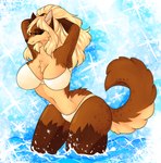 bra breasts clothing female fluffy fluffy_tail hair happy pose smile solo sparkles sparkling_background tail underwear water cassielink canid canine mammal digital_media_(artwork) hi_res pinup