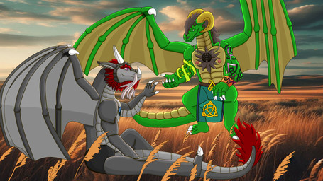 anthro black_hair bottomwear clothing duo fluffy fluffy_chest gesture hair hand_gesture horn jewelry loincloth male male/male necklace plant red_hair tail tail_tuft tattoo tuft vines whiskers wings kingmana mythology kingmana_(character) skotadi dragon eastern_dragon mythological_creature mythological_scalie scalie 16:9 absurd_res hi_res widescreen