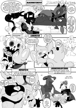 5_panel_comic answer anthro belly biped black_nose black_text breasts butt claws clothed clothing dialogue ellipsis eyes_closed eyewear female feral fingers fur glasses group hair kerchief kissing lips looking_away looking_back lying maid_uniform male mouth_closed on_back open_mouth paws quadruped question question_mark questions_and_answers sharp_teeth speech_bubble standing tail talking_to_another teeth text text_box tongue uniform white_sclera heavenlyproductions nintendo pokemon garchomp generation_1_pokemon generation_2_pokemon generation_3_pokemon generation_4_pokemon generation_5_pokemon generation_6_pokemon legendary_pokemon lilligant persian_(pokemon) pokemon_(species) pumpkaboo rayquaza shinx teddiursa weavile zoroark 2026 absurd_res comic english_text hi_res monochrome