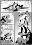 action_scene anthro bag begging begging_for_mercy bottomwear clothing dialogue jacket kemono male martial_arts_uniform pants raised_hand scared sportswear topwear dune_pearson gaudiestabyss27 shishauo arthropod canid canine canis insect mammal mantis wolf absurd_res comic hi_res monochrome