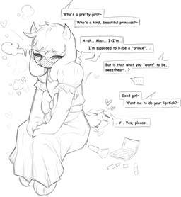 ambiguous_gender anthro blush blush_lines clothing dress eyes_closed eyewear flustered glasses good_girl heart_symbol humanoid_hands lipstick makeup makeup_brush offscreen_character round_glasses solo_focus speech_bubble tail tail_motion tailwag talking_to_another text wearing_glasses sydneysnack deltarune undertale_(series) ralsei bovid caprine goat mammal 2026 english_description english_text monochrome sketch