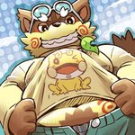 anthro belly bottomwear brown_body brown_fur clothing fur kemono leaf male overweight overweight_anthro overweight_male pants shirt solo topwear doggiemonkey sengoku_puzzle momochi_sandayuu canid canine mammal raccoon_dog tanuki 1:1 2016 low_res