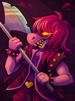 anthro axe bottomwear bracelet clothing female glowing glowing_eyes jewelry melee_weapon pants solo spiked_bracelet spikes teeth topwear vest weapon splatterparrot deltarune undertale_(series) susie_(deltarune) lizard reptile scalie 2018 hi_res watermark