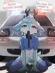 4_toes 5_fingers anthro antlers balls black_nose blue_antlers blue_body blue_clothing blue_crop_top blue_eyes blue_fur blue_hair blue_horn blue_leg_warmers blue_legwear blue_shirt blue_topwear blush blush_lines bodily_fluids bottomless bottomless_anthro bottomless_male car clothed clothed_anthro clothed_male clothing countershade_fur countershade_torso countershading crop_top detailed_background erection feet femboy fingers foreskin front_view fur genital_fluids genitals hair heterochromia horn humanoid_genitalia humanoid_hands humanoid_penis iris kneeling leg_markings leg_warmers legwear looking_at_viewer male male_anthro markings mouth_hold multicolored_body multicolored_fur navel penis police police_car police_officer police_vehicle presenting presenting_penis pupils red_antlers red_eyes red_horn scut_tail shirt short_tail solo speech_bubble stuttering tail tail_motion talking_to_viewer text toes topwear vehicle white_body white_countershading white_fur white_sclera young young_anthro young_male janiskisa mazda mazda_miata mazda_mx-5 deer mammal digital_media_(artwork) english_text full-length_portrait hi_res portrait