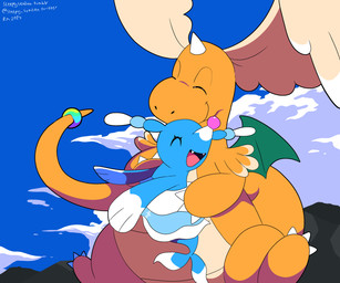 ambiguous_gender anthro blue_eyes claws cloud duo eyelashes eyes_closed fangs feathered_wings feathers feral horn hug membrane_(anatomy) membranous_wings multi_wing orange_body rock sky tail tan_body tan_feathers teeth tongue unusual_wing_placement wings sleepy_sealion mythology nintendo pokemon pokemon_legends_z-a brionne dragon generation_7_pokemon generation_9_pokemon mega_dragonite mega_evolution mythological_creature mythological_scalie pokemon_(species) scalie 2025 6:5 absurd_res dated hi_res signature