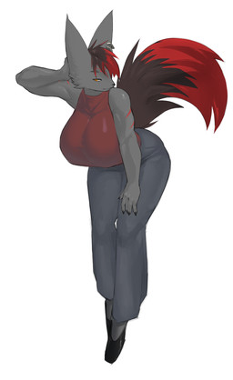 anthro bangs bent_over big_breasts black_hair bottomwear breasts clothing ear_piercing female fluffy fluffy_tail footwear fur grey_body grey_fur hair highlights_(coloring) long_tail muscular pants piercing red_body red_fur red_hair red_highlights shirt shoes solo tail tall tank_top tight_clothing tomboy topwear yellow_eyes rekia krait_(kitsuneobx) canid canine canis mammal wolf 2025 hi_res
