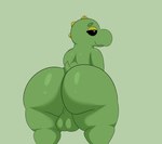 anthro balls bedroom_eyes bent_over big_butt black_sclera butt genitals green_background green_body green_scales green_spikes green_tail half-closed_eyes looking_at_viewer looking_back male narrowed_eyes presenting presenting_hindquarters scales seductive short_tail simple_background smile solo spikes spikes_(anatomy) tail thick_thighs white_eyes colossalstars belly_lentel kobold lizard reptile scalie 2023 absurd_res digital_media_(artwork) hi_res