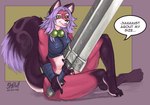 2006 anthro biped breasts buster_sword canid canine digital_media_(artwork) ear_piercing english_text female fox fur hair holding_melee_weapon holding_object holding_sword holding_weapon jewelry long_hair mammal melee_weapon necklace nipple_outline piercing purple_hair ranya showkaizer simple_background solo sword tail text weapon