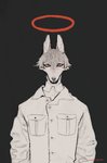 anthro canid canine canis clothed clothing coyote fur grey_body grey_fur halo hi_res male mammal mucknagabe snout solo