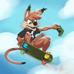 anthro balls big_penis bottomless bottomless_anthro bottomless_male clothed clothing controller crouching electronics erection feet fur game_controller genitals glans hair holding_controller holding_game_controller holding_object holding_skateboard humanoid_genitalia humanoid_penis male open_mouth outside penis shirt shirt_only skateboard skateboarding sky solo tail toes topwear topwear_only vehicle xbox_controller jackofak microsoft xbox xbox_game_studios xinny_the_caracal caracal caracal_(genus) felid feline mammal 1:1 digital_media_(artwork) hi_res