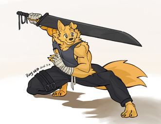 anthro biceps bottomwear brown_eyes clothing fangs fur hair male melee_weapon muscular muscular_male pants pecs shirt simple_background smile solo sword tail tank_top teeth topwear weapon yellow_body yellow_fur milatora1 i_think_i_like_you ray_(i_think_i_like_you) bird_dog canid canine canis domestic_dog golden_retriever hunting_dog mammal retriever absurd_res hi_res
