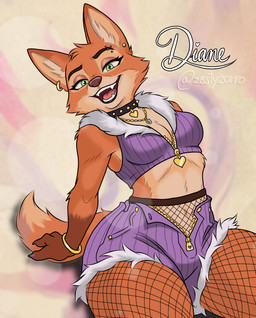 alternate_costume anthro biped bottomwear breasts choker cleavage clothed clothed_anthro clothed_female clothing collar colored_claws colored_nails countershade_face countershade_torso countershading dipstick_tail ear_piercing ear_ring eyebrow_piercing eyebrows eyelashes facial_piercing fangs female female_anthro fishnet_clothing fishnet_legwear fluffy_collar fully_clothed fully_clothed_anthro fully_clothed_female fur gloves green_eyes handwear iris jewelry legwear markings nails necklace open_bottomwear open_clothing open_mouth open_pants open_smile orange_body orange_fur painted_claws pants philtrum piercing pointy_ears pupils purple_clothing redesign ring_piercing shorts smile snout solo spiked_choker tail tail_markings teeth tongue torn_bottomwear torn_clothing torn_shorts unbuttoned_shorts zipper zestyzorro dreamworks the_bad_guys diane_foxington canid canine fox mammal hi_res