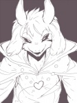 anthro black_sclera clothed clothing fangs fully_clothed grey_background half-closed_eyes heart_symbol horn locket long_ears looking_at_viewer male narrowed_eyes robe simple_background smile solo teeth sasamix undertale undertale_(series) asriel_dreemurr_(god_form) boss_monster_(undertale) bovid caprine mammal 3:4 monochrome