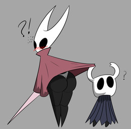 2_horns accident accidental_exposure ambiguous_gender assisted_exposure biped black_body black_eyes blush blush_lines butt cloak clothing clothing_pull duo exclamation_point female grey_background horn looking_back melee_weapon question_mark simple_background standing underwear wardrobe_malfunction weapon dar-k hollow_knight_(franchise) team_cherry hornet_(hollow_knight) the_knight_(hollow_knight) arthropod humanoid vessel_(species) 2025 digital_drawing_(artwork) digital_media_(artwork) hi_res half_sister_(lore) sibling_(lore) sister_(lore)