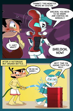armor butt cleaning clothing duo embarrassed female machine male midriff not_furry simple_background text thick_calves thin_thighs towel water toongrowner my_life_as_a_teenage_robot nickelodeon jenny_wakeman sheldon_lee android human humanoid mammal robot robot_humanoid absurd_res digital_media_(artwork) english_text hi_res
