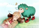 clothed clothing duo eating eyes_closed feral footwear fully_clothed fur gloves green_body green_eyes green_fur hair handwear jacket log looking_up male parody shirt shoes sleeping text topwear undershirt wood wool_(fur) suncelia my_hero_academia izuku_midoriya katsuki_bakugou arthropod bovid butterfly caprine domestic_sheep human insect lepidopteran mammal sheep english_text url