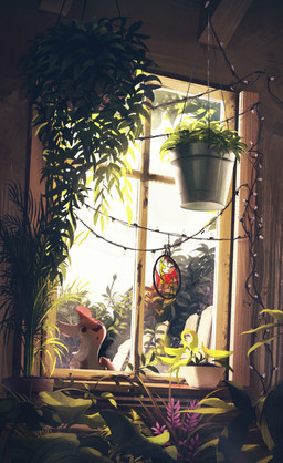 ambiguous_gender bucket container curious feral flower fur hair inner_ear_fluff inside multicolored_body multicolored_fur plant quadruped short_hair shrub sky solo spots tail tuft window itsdanfango ansel_(itsdanfango) deer mammal 2017 absurd_res hi_res