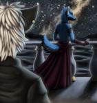 ambiguous_gender anthro armwear balcony biped black_ears blue_body blue_fur blue_hair blue_tail clothed clothing detailed_background dress duo fur grey_clothing grey_shirt grey_topwear hair night outside rear_view red_armwear red_clothing sea shadow shirt sky space spacescape tail topwear water white_hair raphial runicnature limizuki_(character) raphial_(character) canid canine canis mammal wolf 2013