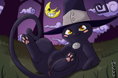 amber_eyes anus blush blush_stickers clothing cloud female feral genitals grass grin hat headgear headwear lying medallion moon on_back pawpads plant smile solo spread_legs spreading toony tree vulva witch_hat conditional_dnp yakukitsu soul_eater blair_(soul_eater) moon_(soul_eater) domestic_cat felid feline felis mammal hi_res signature
