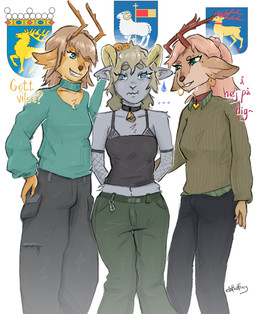 anthro anthrofied armwear blue_eyes bottomwear bovid_horn breasts brown_body brown_fur caprine_horn carabiner clothed clothing coat_of_arms female fishnet_armwear fishnet_clothing fur green_eyes grey_body grey_fur group hair heraldry horizontal_pupils horn nervous pants pupils ram_horn shirt small_breasts smile smirk text topwear touching_hair trio ellathefoxy fan_character bovid caprine deer mammal sheep hi_res swedish_text