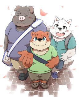 anthro blue_eyes blush clothed clothing footwear fur group humanoid_hands male overweight overweight_male shirt shoes short topwear white_body white_fur kotadash canid canine canis domestic_dog domestic_pig mammal suid suine sus_(pig) 2015