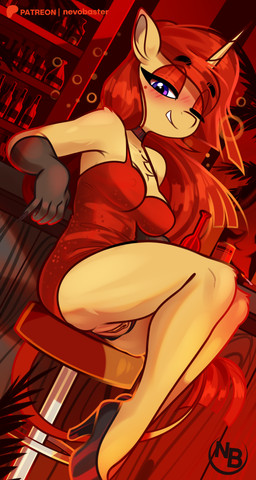 anthro bar bar_stool blush clothing dress eyebrows female fingers footwear furniture genitals gloves hair handwear high_heels horn one_eye_closed purple_eyes shoes solo stool tail vulva nevobaster hasbro my_little_pony mythology fan_character equid equine mammal mythological_creature mythological_equine unicorn 2026 absurd_res digital_media_(artwork) hi_res