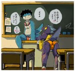 anthro bulge butt classroom clothed clothing dialogue duo fangs footwear half-closed_eyes happy inside looking_at_another looking_at_partner male narrowed_eyes nipples open_mouth partially_clothed school school_desk serious skimpy swimwear tail tail_motion tailwag teeth text yellow_sclera moesouna_gomi mythology dragon kobold lizard mythological_creature mythological_scalie reptile scalie 2024 hi_res japanese_description japanese_text translated