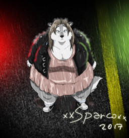 anthro belly big_breasts blue_eyes breasts brown_hair clothed clothing dress female footwear fur grey_body grey_fur hair jacket multicolored_body multicolored_fur obese overweight overweight_anthro overweight_female raining road shoes sneakers solo text thick_thighs topwear two_tone_body two_tone_fur wet white_body xxsparcoxx sophia_(xxsparcoxx) canid canine canis mammal wolf 2017 artist_name digital_media_(artwork) hi_res