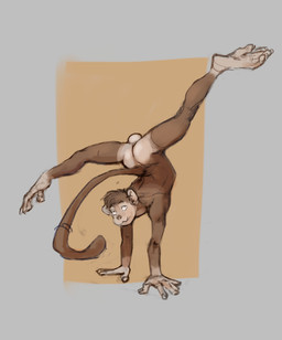 5_fingers anthro balls brown_body brown_fur brown_hair butt feet fingers fur genitals hair handstand long_tail male nude prehensile_feet smile solo spread_legs spreading tail toes vulgarstarling haplorhine mammal monkey primate 2021 hi_res