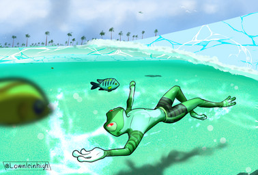 3_fingers anthro clothing fingers male markings palm_tree plant red_eyes solo striped_markings stripes swimming swimming_trunks swimwear tree underwater water wave lownleinhigh wralf_airrick_rockhold amphibian aquatic fish frog tree_frog 2023