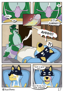 anal anal_orgasm anthro armpit_hair belly bodily_fluids body_hair clothing cuckold cum cum_in_clothing cum_in_underwear cum_on_face cum_through_clothing cum_through_underwear cumshot dialogue duo ejaculation erect_nipples erection expressions genital_fluids genitals hands-free humanoid_genitalia humanoid_penis inside legwear male male/male motion_lines nipple_outline nipples orgasm penis precum prostate prostate_orgasm prostate_stimulation prostate_with_heart sex shirt simple_background slightly_chubby speech_bubble tank_top text thong throbbing throbbing_penis topwear underwear wet wet_clothing wet_underwear yose_stones bluey_(series) bandit_heeler yose_stones_(character) australian_cattle_dog canid canine canis cattledog domestic_dog herding_dog mammal pastoral_dog wolf comic english_text hi_res shaded simple_shading