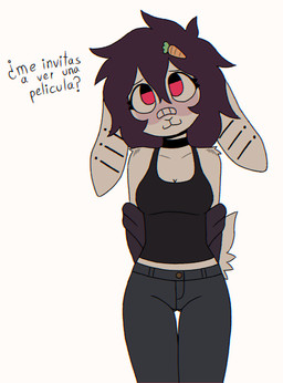 accessory anthro arm_tuft band-aid band-aid_on_face band-aid_on_nose bandage bandage_on_face bandage_on_nose black_choker black_clothing black_jewelry black_necklace black_shirt black_tank_top black_topwear blue_bottomwear blue_clothing blue_jeans blue_pants blush bottomwear breasts carrot_hairclip choker cleavage clothed clothing denim denim_bottomwear denim_clothing dialogue ear_piercing eyelashes female fur hair hair_accessory hairclip hoodie jeans jewelry looking_at_viewer necklace pants piercing purple_clothing purple_hair purple_hoodie purple_topwear red_eyes scut_tail shirt short_tail shoulder_tuft simple_background smile solo standing tail talking_to_viewer tank_top text topwear tuft white_background white_body white_fur crischar_foxito alexa_(crischar_foxito) lagomorph leporid mammal rabbit 2025 absurd_res digital_drawing_(artwork) digital_media_(artwork) hi_res portrait spanish_text three-quarter_portrait translated