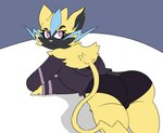 anthro clothed clothing female fur looking_at_viewer panties pink_eyes simple_background solo sweater topwear underwear yellow_body yellow_fur drayx nintendo pokemon felid generation_7_pokemon legendary_pokemon mammal pokemon_(species) zeraora digital_media_(artwork) hi_res