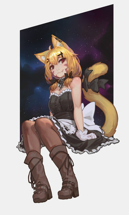 accessory apron black_clothing black_dress blonde_hair boots bow_ribbon breasts choker clothing cloud dress ear_piercing ear_ring female footwear furgonomics hair hair_accessory hairclip jewelry looking_aside necklace piercing ribbons ring_piercing shoes sitting smile solo star tail tail_accessory tail_bow tail_ribbon paintrfiend shyrei_faolan animal_humanoid cat_humanoid felid felid_humanoid feline feline_humanoid humanoid mammal mammal_humanoid 2026 3:5 digital_media_(artwork) hi_res