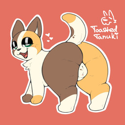 :3 all_fours brown_body brown_fur butt female feral fur genitals green_eyes heart_symbol multicolored_body multicolored_fur open_mouth orange_body orange_fur presenting presenting_hindquarters quadruped rear_view seductive solo tail vulva white_body white_fur toastedtanuki calico_cat domestic_cat felid feline felis mammal 1:1 2025 hi_res
