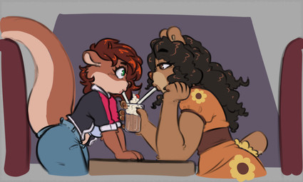 anthro anthro_on_anthro beverage bottomwear breasts brown_hair clothing dress drinking drinking_straw drinking_straw_in_mouth duo female female/female hair milkshake pants smile tail cinnamimi ally_(allytheotter) samantha_(cinnamimi) bear mammal mustelid otter 2024 digital_media_(artwork)
