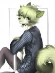 anthro black_nose clothed clothing ear_piercing female fur green_body green_eyes green_fur green_hair hair male piercing simple_background solo white_background nitricacid danganronpa danganronpa_v3 spike_chunsoft rantaro_amami canid canine mammal 2017 digital_media_(artwork)