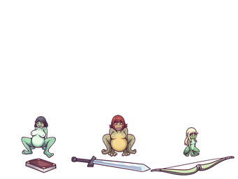 anthro black_hair blonde_hair bodily_fluids book bow_(weapon) breasts crouching female green_body group hair human_to_anthro melee_weapon nipples nude ranged_weapon shrinking simple_background size_transformation species_transformation surprised sword tears tongue tongue_out transformation weapon white_background yellow_sclera inksgirls amphibian frog 2018 4:3