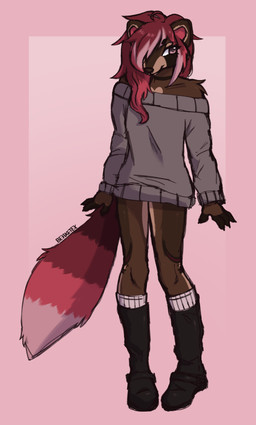 anthro arm_tuft bangs black_boots black_clothing black_footwear black_nails boots brown_body brown_fur brown_markings clothing colored_nails female fingerless_(marking) footwear fur grey_clothing grey_sweater grey_topwear hair hair_over_eye heart_(marking) highlights_(coloring) looking_aside markings nails pink_clothing pink_eyes pink_footwear pink_hair pink_highlights pink_inner_ear pink_socks pink_tail pose scene_haircut shoes shoulder_tuft side_bangs simple_background smile socks solo standing striped_markings striped_tail stripes sweater tail tail_markings tail_tuft topwear tuft berketex mammal procyonid raccoon absurd_res full-length_portrait hi_res portrait