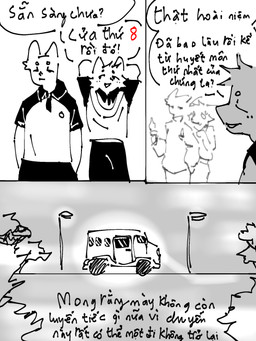 anthro blush blush_lines blush_stickers bottomwear bus clothed clothing commercial_vehicle dialogue duo fire fog glass headlight male open_mouth open_smile pants plant scared school_uniform shirt smile speech_bubble street_lamp text topwear torch tree uniform vehicle toastedeh toast_(toastedeh) canid canine felid feline mammal 3:4 comic hi_res vietnamese_text