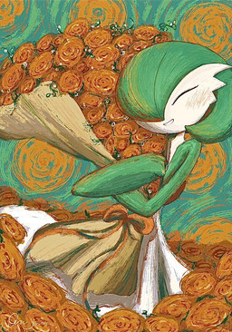 abstract_background ambiguous_gender blush blush_lines bouquet bow_ribbon eyes_closed flower green_pseudo_hair hug hugging_object one_eye_obstructed plant pseudo_hair ribbons rose_(flower) solo teeth toothy_smile white_body gyuragyura nintendo pokemon gardevoir generation_3_pokemon humanoid pokemon_(species) 2024 painting_(artwork) signature