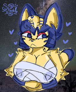 anthro big_breasts big_ears blue_body blue_fur blue_hair breasts eyeshadow female fur hair heart_eyes heart_symbol makeup mummy_wrappings red_eyeshadow solo yellow_body yellow_fur splashrollup animal_crossing nintendo ankha_(animal_crossing) felid feline mammal hi_res