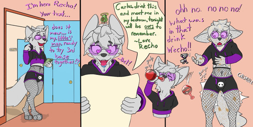ambiguous_gender anthro apartment beverage bodily_fluids clothed clothing deception dialogue excited fur grey_body grey_fur love male onomatopoeia potion reading saliva solo sound_effects surprised text texting transformation yelling_at_another kio_kasteyoto alma_the_snow_fox arctic_fox canid canine fox mammal true_fox comic english_text hi_res