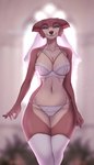 5_fingers anthro big_breasts bra breasts brown_body brown_fur cleavage clothed clothing dress female fingers fur legwear lingerie lingerie_panties looking_at_viewer navel panties simple_background smile solo standing stockings teeth underwear veil creativeevil beastars juno_(beastars) canid canine canis mammal wolf absurd_res digital_media_(artwork) hi_res