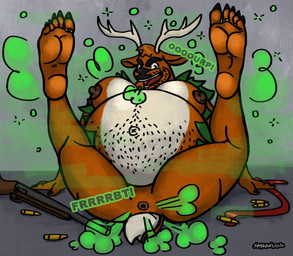 5_toes anthro antlers anus arm_support backward_arm_support barefoot belly belly_hair big_belly big_muscles big_pecs biped black_eyebrows black_fingernails black_nails black_nose black_toe_claws body_hair bottomless bottomless_anthro bottomless_male brown_anus brown_body brown_fur brown_nose bullet burp_cloud burp_fetish burping burping_at_viewer butt butt_from_the_front claws clothed clothing colored_nails digit_ring ears_outwards erect_nipples eyebrows fart fart_cloud fart_fetish farting_at_viewer feet feet_up fingernails foot_fetish foot_focus fur gas gas_cloud gassy glance green_burp_cloud green_fart_cloud green_gas green_gas_cloud green_text grin grinning_at_viewer gun head_tuft horn huge_belly humanoid_feet humanoid_hands humanoid_heel inside jewelry kerchief legs_up looking_aside looking_aside_at_viewer looking_at_viewer male moobs mostly_nude mostly_nude_anthro mostly_nude_male multicolored_body multicolored_fur muscular nails navel nipples obese obese_anthro obese_male open_clothing open_mouth open_topwear open_vest outie_navel overweight overweight_anthro overweight_male pawpads pecs pivoted_ears plantigrade pose presenting presenting_hindquarters ranged_weapon red_kerchief ring scut_tail short_tail shotgun sitting smile smiling_at_viewer smirk smirking_at_viewer soles solo sound_effects spread_butt spreading stink_fumes stretching tail tail_between_buttocks teasing teasing_viewer teasing_with_butt teasing_with_feet text toe_claws toe_ring toes topwear topwear_only torn_clothing torn_vest tuft two_tone_body two_tone_fur two_tone_tail vest vest_only weapon white_body white_fur sayrantesis deer_avenger bambo deer mammal 2024 colored digital_drawing_(artwork) digital_media_(artwork) english_text pinup shaded signature