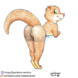 anthro ass_up bottomwear brown_body brown_fur butt clothing female fur green_eyes looking_back patreon_logo patreon_username pink_nose presenting presenting_hindquarters raised_tail shorts smile solo tail text yordraw disney patreon zootopia mrs._otterton lontra mammal mustelid north_american_river_otter otter river_otter 1:1 hi_res traditional_media_(artwork) url