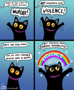 4_panel_comic base_two_layout black_body black_fur blue_background collar dialogue female feral four_frame_grid four_frame_image fur grid_layout no_sclera offscreen_character pupils quadruped rainbow simple_background slit_pupils solo speech_bubble text two_row_layout yellow_eyes omny87 domestic_cat felid feline felis mammal comic english_text hi_res url